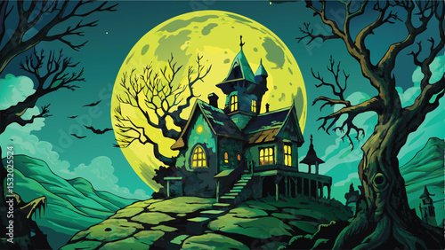 Spooky Halloween night scene with a haunted house in the dark woods, silhouetted by the moon and bats, perfect for an autumn celebration