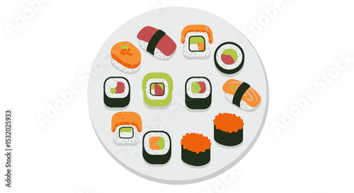 Top view illustration of sushi rolls in simple vector style