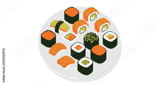 Colorful flat vector of sushi rolls, ideal for menu and infographics