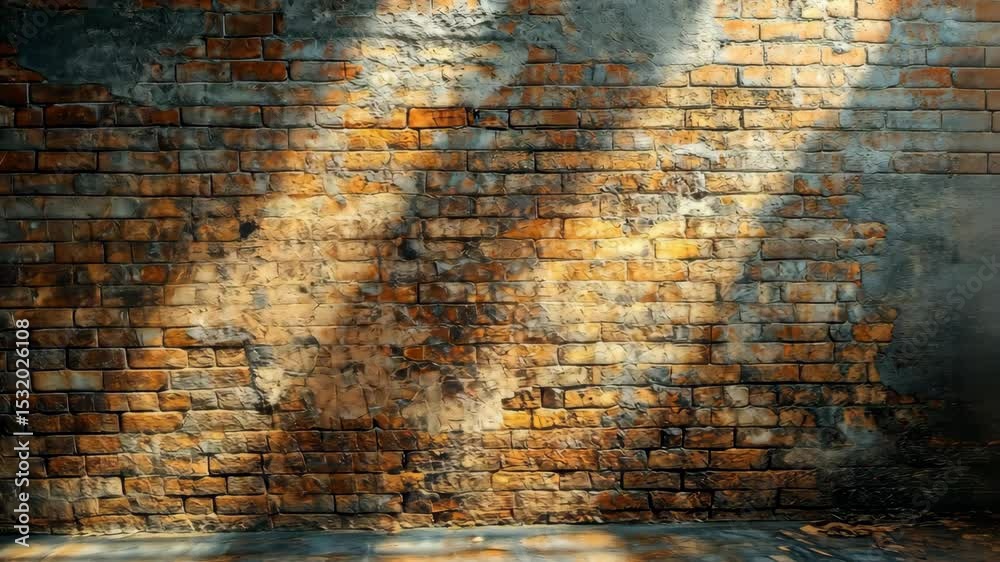 Sunlit grunge brick wall texture with floor