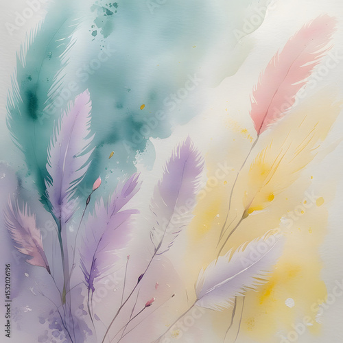 Watercolor Feather Arrangement in Pastel Hues with Soft Background Texture created by Generative AI.