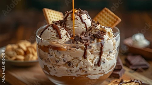 A glass bowl of dessert filled with a scoop of vanilla cream