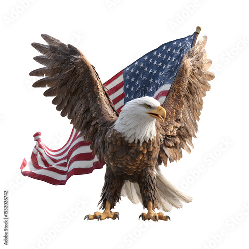 A majestic bald eagle with wings spread standing in front of an american flag on a black background