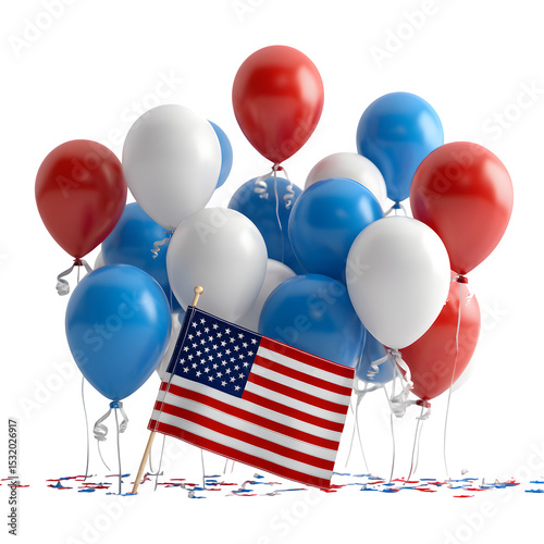 Patriotic celebration with american flag and red white and blue balloons on a black background