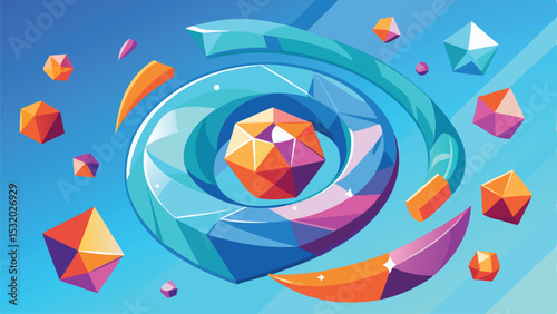 Abstract geometric composition with floating shapes on a translucent background