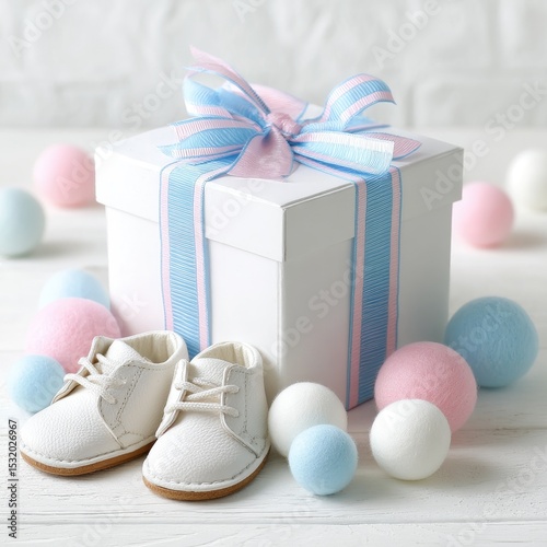 White gift box, baby shoes, pastel balls