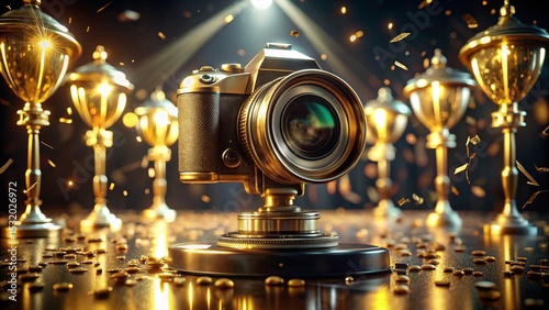 A vintage gold film camera with an isolated black lens gleams against a dark background, a classic antique photography object