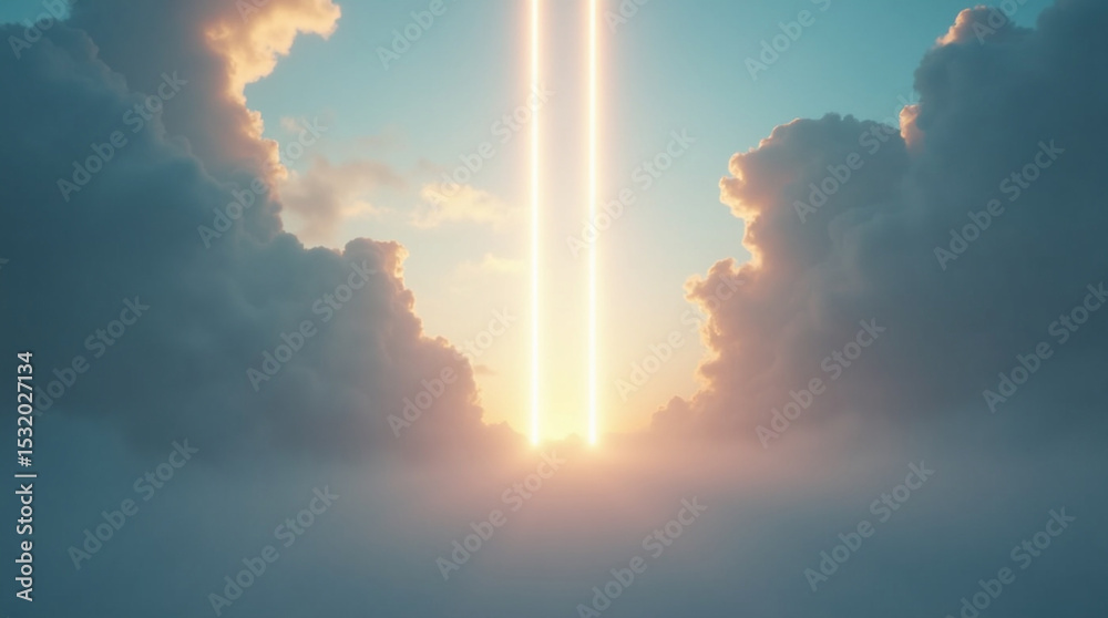 Fototapeta premium Ethereal golden light beams pierce through the soft, billowing clouds, creating a heavenly gateway in the serene blue sky