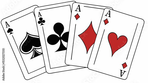 A winning hand of royal flush poker with chips, four aces, and playing cards on a casino game table