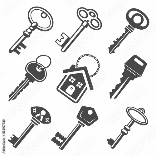 Isolated collection of antique skeleton keys for a vintage door lock