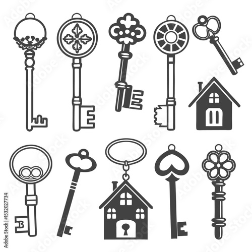 Collection of antique skeleton keys for vintage lock designs, a symbol of security and open doors