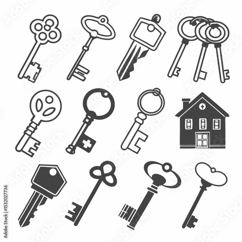 Here's a concise description:

Vintage security keys collection icon with antique metal skeleton access set