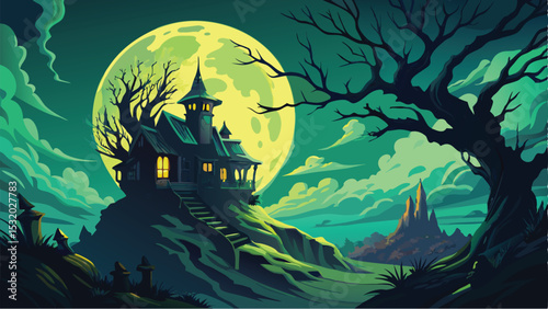 Spooky Halloween night with pumpkins, bats, and a cartoon moon, perfect for an autumn holiday celebration