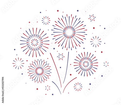Blue red Firework with stars and sparks. Bursting light, pyrotechnic. 4th July, Independence day party celebration. Vector illustration in Usa, Czech, Russia French flag color, Labor or Memorial day