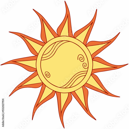 Vibrant sun vector illustration with a bright yellow and orange design, perfect as a hot summer icon or a symbol of nature's sunshine and light