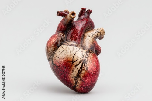 Detailed anatomical heart model, red-brown with cracks