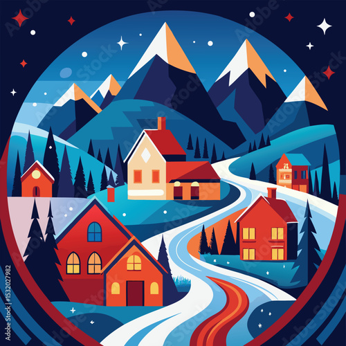 Cute Dog in Snowy Winter Landscape Flat Design Illustration