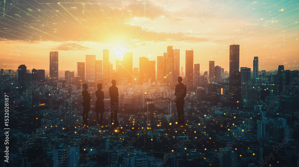 Fototapeta premium business team stands on the peak of success amid tall innovative Smart city with connection network reciprocity over the cityscape social media networking systems that connects on the peak of succes
