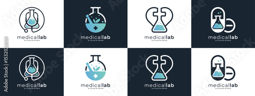 Set Collections of Medical Laboratory Logo Design Ideas.   Unique Vector of Science and Medical Research.