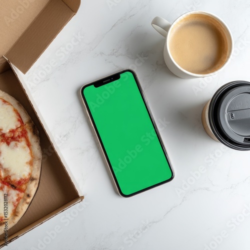 Pizza, coffee, phone on marble
