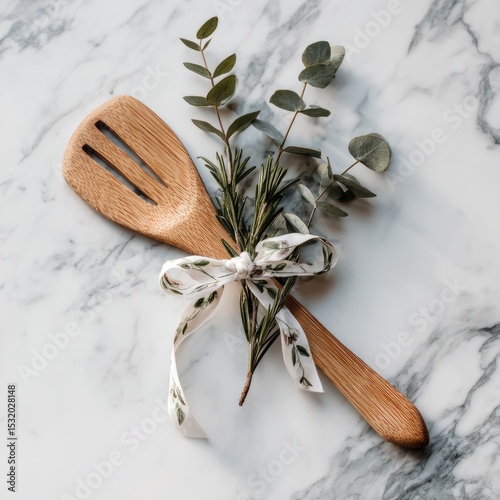 Wooden spatula with greenery and ribbon on marble