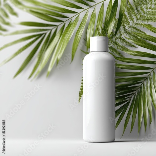 White plastic bottle, tropical leaves