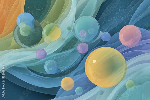 Abstract Pastel Blue Background with Bubbles and Spheres