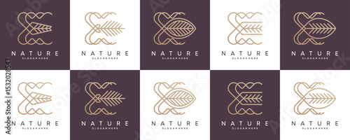 Set Collections of Letter E with Leaf Line Art, Logo Design Inspirations. Unique Vector of Luxury Nature Decor and Ornament Concept.