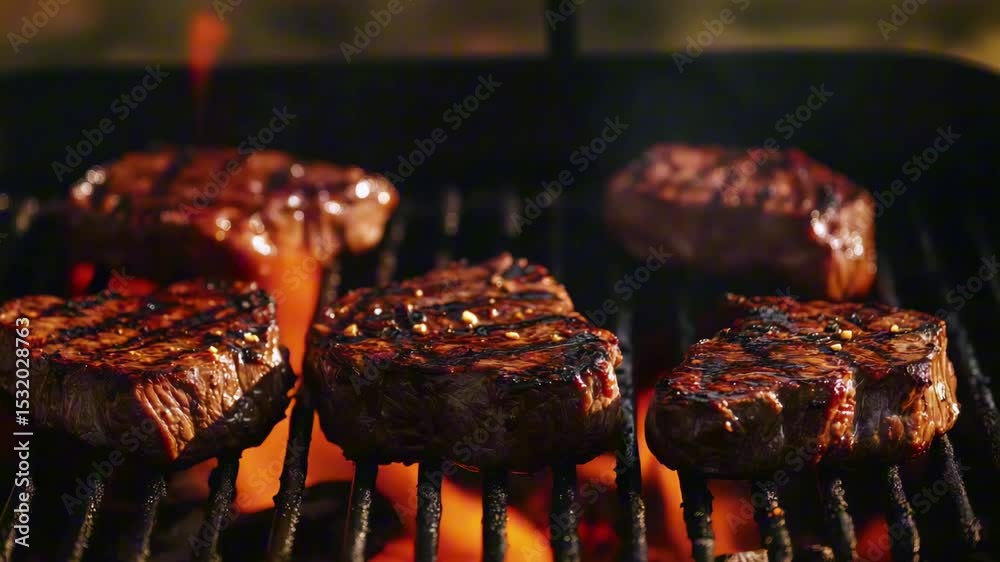 Close up of a grill with five pieces of meat on it. The meat is seared and has grill marks. Concept of anticipation and excitement for a delicious meal