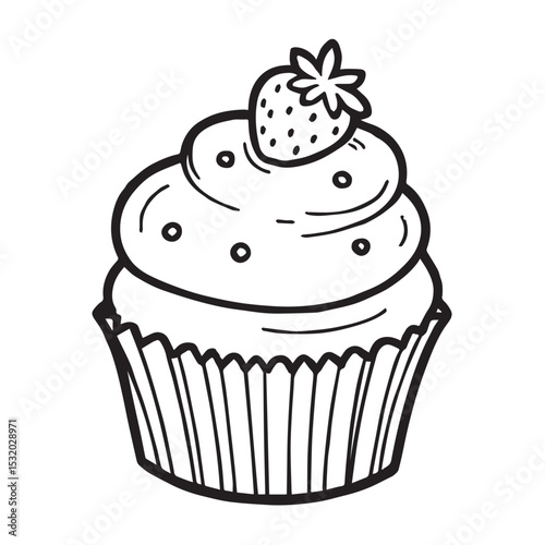 Cute strawberry cupcake coloring page illustration