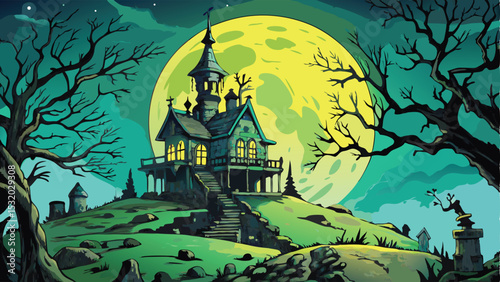 Spooky Halloween night scene with a haunted house in the dark woods, silhouetted by the moon and bats, perfect for an autumn celebration
