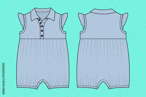 Infant baby girls frill sleeve Short Leg Romper technical drawing fashion flat sketch vector illustration template front and back views outline CAD mockup.