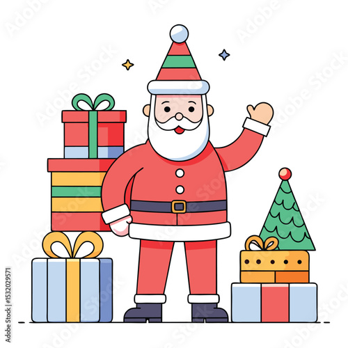 Line Drawing of Santa Claus Holding a Toy Train