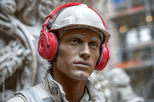 Wallpaper Mural Construction worker with red ear protection and helmet focused Torontodigital.ca