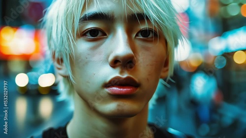 Stylish portrait of a young man in Harajuku fashion style with vibrant neon lights and dynamic motion blur.