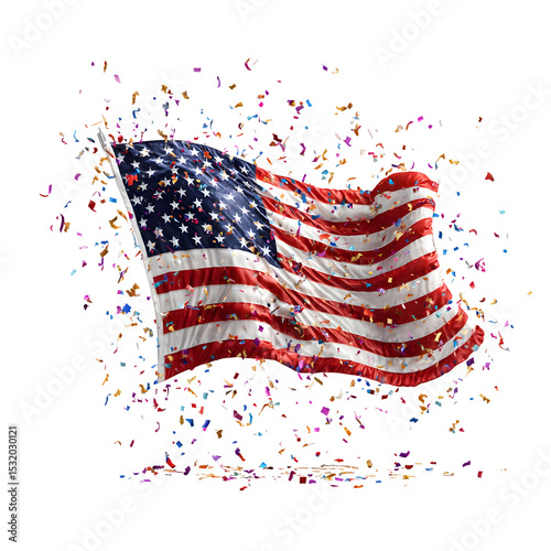 American flag waving amidst colorful confetti against a stark black background celebration scene