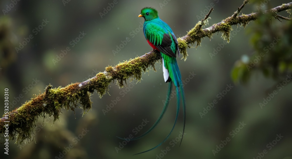 Fototapeta premium Stunning Resplendent Quetzal bird with vibrant green and red plumage perched on a mossy branch in a misty forest.