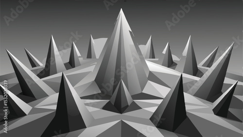 Abstract geometric landscape featuring spiky shapes and shading in modern monochrome style