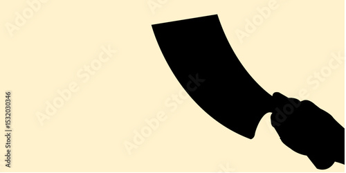 Silhouette of hand holding butcher cleaver with wooden handle and curved blade concept design. Icon of gesture cutting meat with a meat cleaver. Vector illustration.