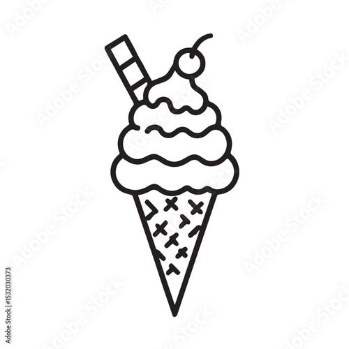 Ice cream cone with whipped cream cherry and chocolate stick