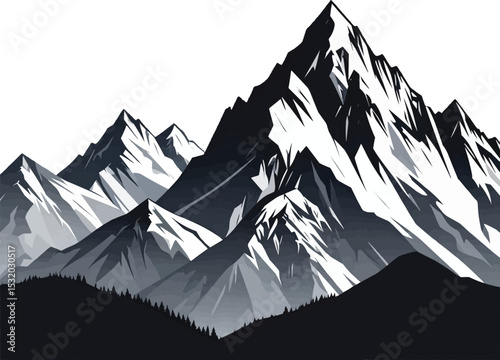 A stylized mountain range with peaks and trees in a grayscale illustration on transparent background