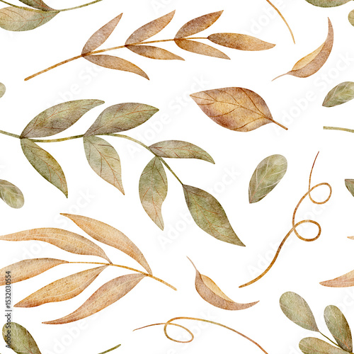 Pattern watercolor illustration forest leaves, branches falling in autumn, hand drawn yellow green. Seamless print in vintage style on white background for textile design, fabric, packaging, clothes
