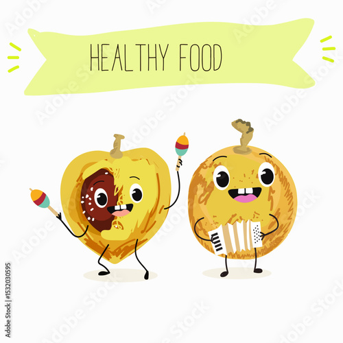 marula fruit cute funny cheerful characters. Vector hand drawn  illistration.