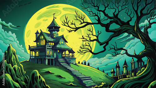 Spooky Halloween night scene with a haunted house in the dark woods, silhouetted by the moon and bats, perfect for an autumn celebration