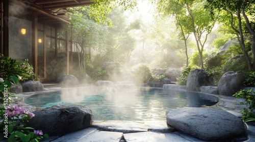 Tranquil outdoor onsen with lush greenery