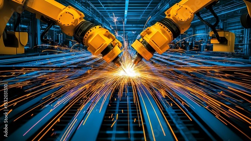 Robotics manufacturing automation high-tech production line sparks innovation factory environment dynamic viewpoint