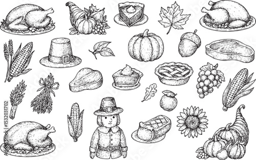 A charming black-and-white illustration featuring Thanksgiving icons like roasted turkey, pumpkin pie, cornucopia, pilgrim, pumpkins, corn, grapes, leaves, and sunflowers, perfect for holiday cards