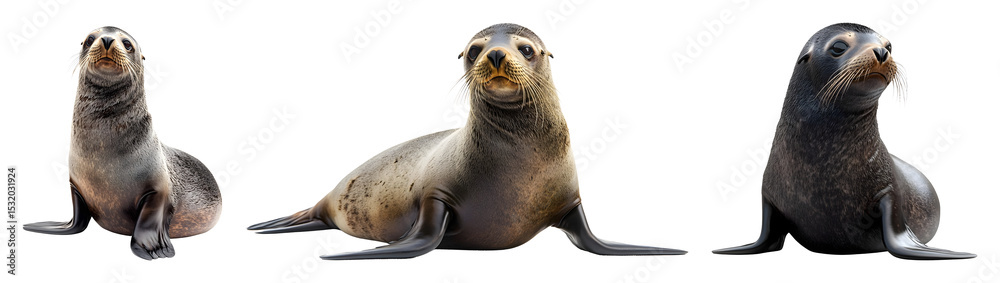 Naklejka premium Three sea lions are positioned side by side in a row each facing forward with slightly different poses on black