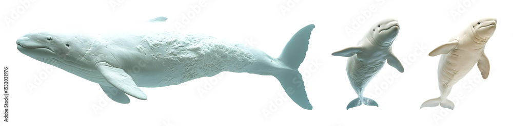 Naklejka premium Three isolated Beluga whales are visible against a black backdrop one swimming sideways the other two facing forward