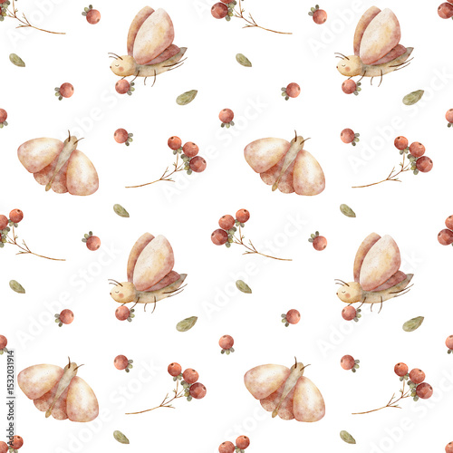 Seamless pattern moth, butterfly, berries red, green leaves. Watercolor illustration hand drawn in children's style print on white background for design textiles, fabrics, packaging, clothes, postcard